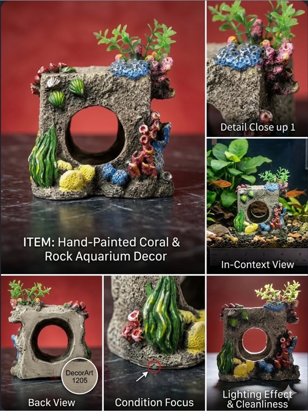 Aquarium decor mimic a rock formation with fakeplants and coral 3 inches wide
